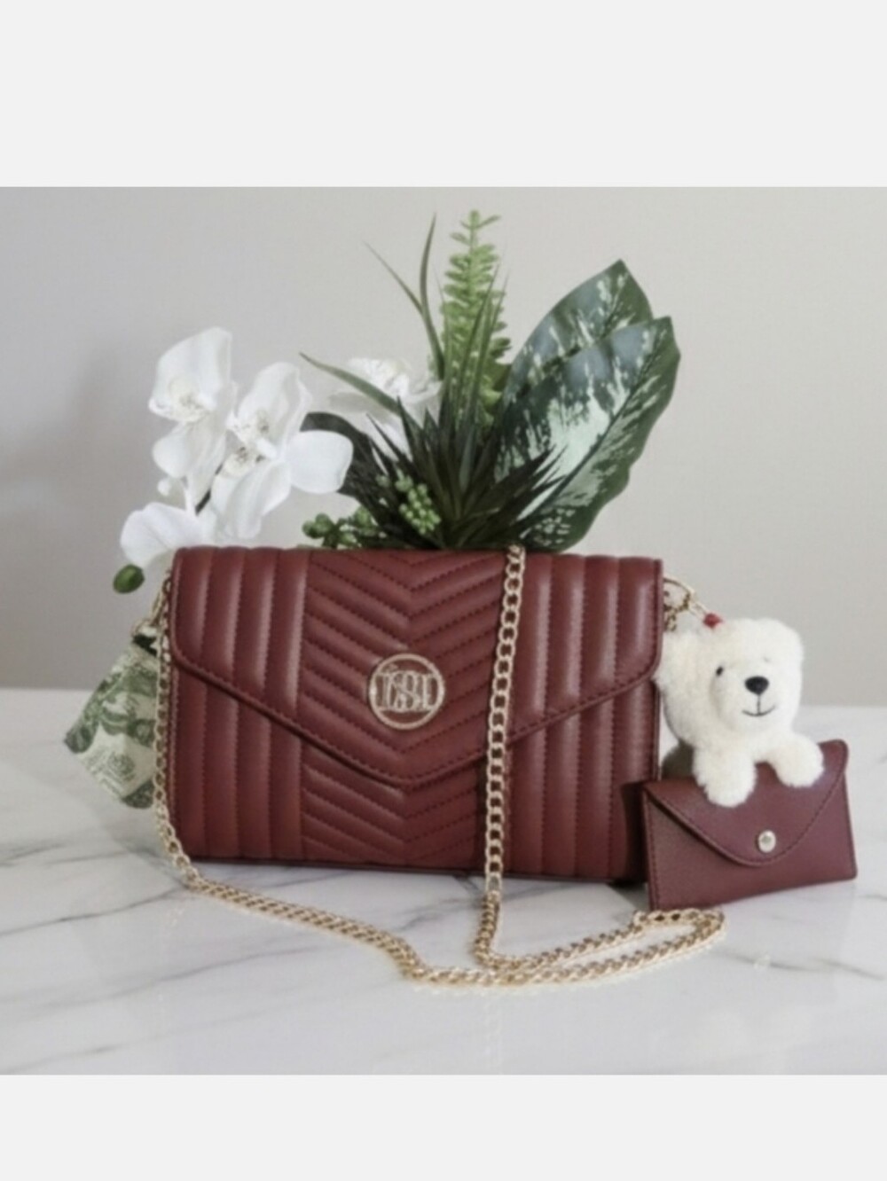 Badgley Mischka 2 Pc  Quilted Burgundy Crossbody with Gold Chain and Coin Purse